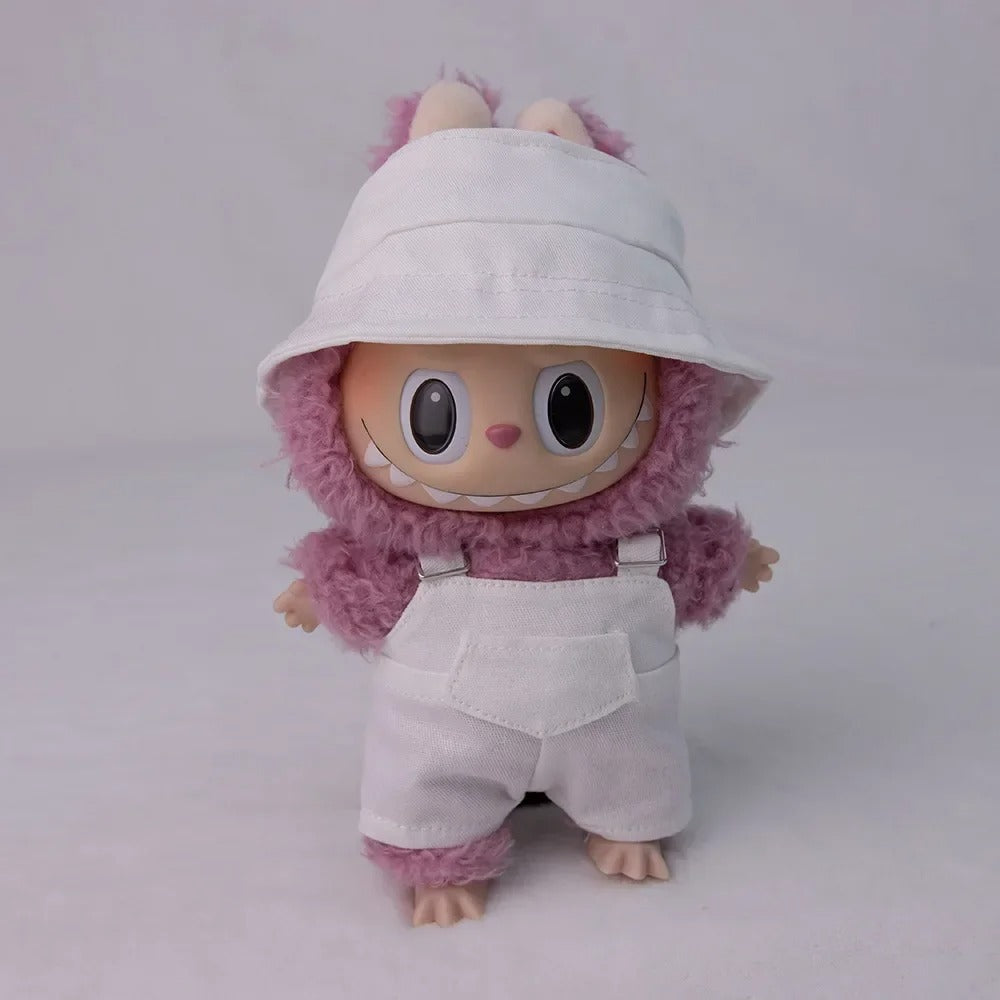 17cm Labubu Doll Bucket Hat Overalls Set Doll Clothes Ropa Labubu Clothes Accessories