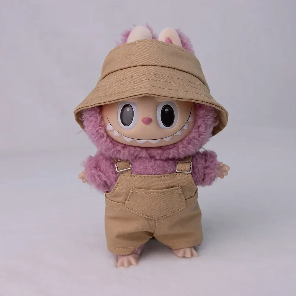 17cm Labubu Doll Bucket Hat Overalls Set Doll Clothes Ropa Labubu Clothes Accessories