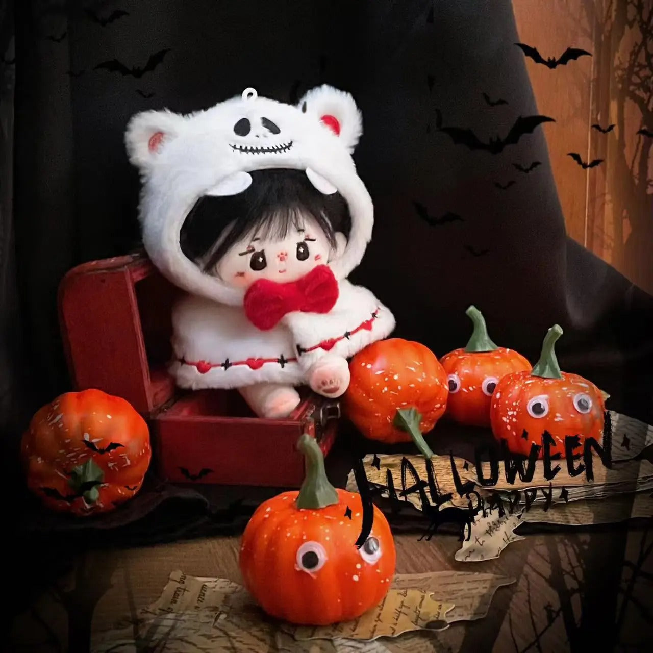 Halloween Pumpkin Clothes with Hat Ropa Labubu Doll Clothes Outfit Accessories For 17cm Labubu V3 Plush Doll's Clothing (No Doll)